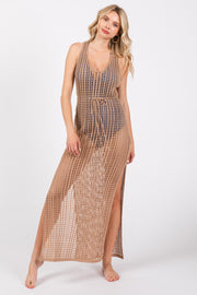 Mocha Crochet V-Neck Side Slit Cover Up