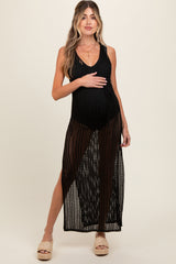 Black Crochet V-Neck Side Slit Maternity Cover Up