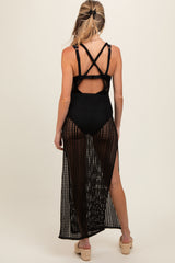 Black Crochet V-Neck Side Slit Maternity Cover Up