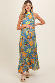 Blue Floral Halter Maternity Maxi Dress