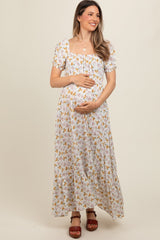 Ivory Floral Short Sleeve Maternity Maxi Dress