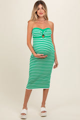 Green Striped Knit Strapless Maternity Midi Dress