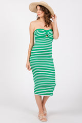 Green Striped Knit Strapless Midi Dress