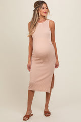 Beige Sleeveless Ribbed Maternity Midi Dress