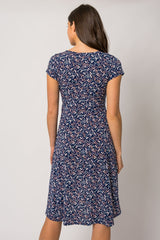 Navy Blue Floral Front Wrap Short Sleeve Dress