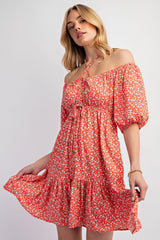 Red Floral Button Front Drawstring Waist Ruffle Maternity Dress