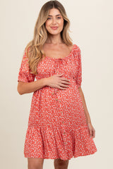 Red Floral Button Front Drawstring Waist Ruffle Maternity Dress