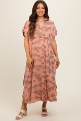 Peach Tiger Print Button Front Rounded Hem Maternity Midi Dress