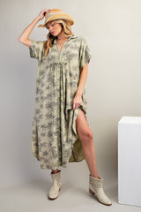 Light Olive Tiger Print Button Front Rounded Hem Maternity Midi Dress