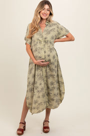 Light Olive Tiger Print Button Front Rounded Hem Maternity Midi Dress