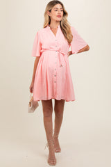 Pink Checkered Braided Belt Button Front Maternity Dress