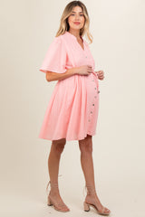 Pink Checkered Braided Belt Button Front Maternity Dress