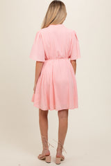 Pink Checkered Braided Belt Button Front Maternity Dress