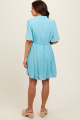 Light Blue Checkered Braided Belt Button Front Maternity Dress