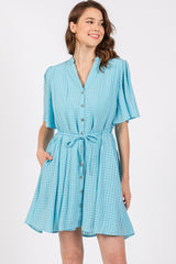 Light Blue Checkered Braided Belt Button Front Dress