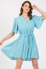 Light Blue Checkered Braided Belt Button Front Dress