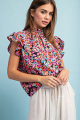 Black Floral Smocked Mock Neck Maternity Blouse