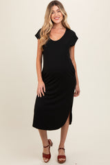 Black Rib Knit Scoop Neck Maternity Midi Dress