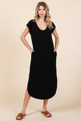 Black Rib Knit Scoop Neck Maternity Midi Dress