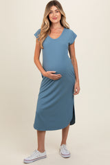 Blue Rib Knit Scoop Neck Maternity Midi Dress