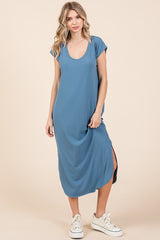 Blue Rib Knit Scoop Neck Maternity Midi Dress