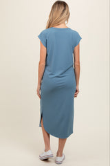 Blue Rib Knit Scoop Neck Maternity Midi Dress