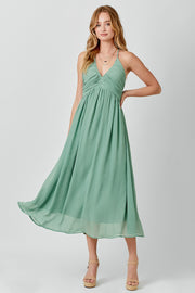 Sage Ruched V-Neck Midi Dress