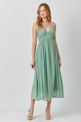 Sage Ruched V-Neck Midi Dress