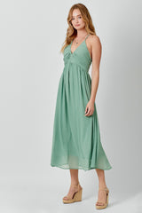 Sage Ruched V-Neck Midi Dress