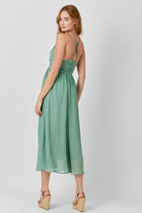 Sage Ruched V-Neck Midi Dress