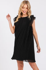 Black Flutter Sleeve Pleated Chiffon Maternity Mini Dress