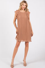 Mocha Flutter Sleeve Pleated Chiffon Mini Dress