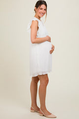 Ivory Flutter Sleeve Pleated Chiffon Mini Maternity Dress