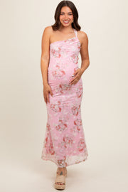 Pink Floral One Shoulder Cutout Maternity Midi Dress