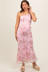 Pink Floral One Shoulder Cutout Maternity Midi Dress