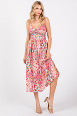 Pink Floral Cutout Midi Dress