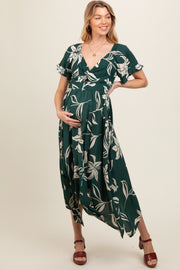 Forest Green Floral Knot Front Short Sleeve Asymmetrical Hem Maternity Maxi Dress