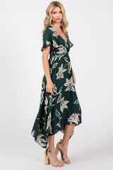 Forest Green Floral Knot Front Short Sleeve Asymmetrical Hem Maxi Dress