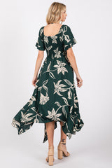 Forest Green Floral Knot Front Short Sleeve Asymmetrical Hem Maxi Dress