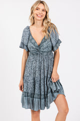 Blue Floral Paisley Knot V-Neck Short Sleeve Maternity Dress