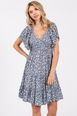 Blue Floral Smocked V-Neck Tiered Dress