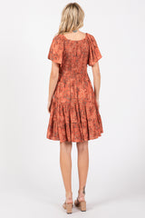 Rust Floral Smocked V-Neck Tiered Dress