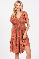 Rust Floral Smocked V-Neck Tiered Dress