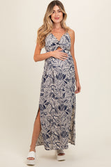 Navy Blue Leaf Print Front Cutout Side Slit Maternity Maxi Dress