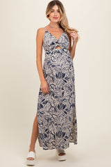 Navy Blue Leaf Print Front Cutout Side Slit Maternity Maxi Dress