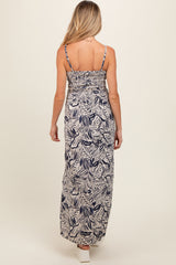 Navy Blue Leaf Print Front Cutout Side Slit Maternity Maxi Dress