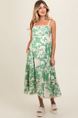 Green Floral Wave Trim A-Line Maternity Midi Dress