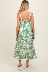 Green Floral Wave Trim A-Line Maternity Midi Dress