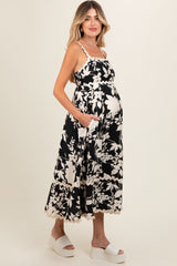 Black Floral Wave Trim A-Line Maternity Midi Dress