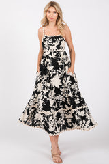 Black Floral Wave Trim A-Line Maternity Midi Dress